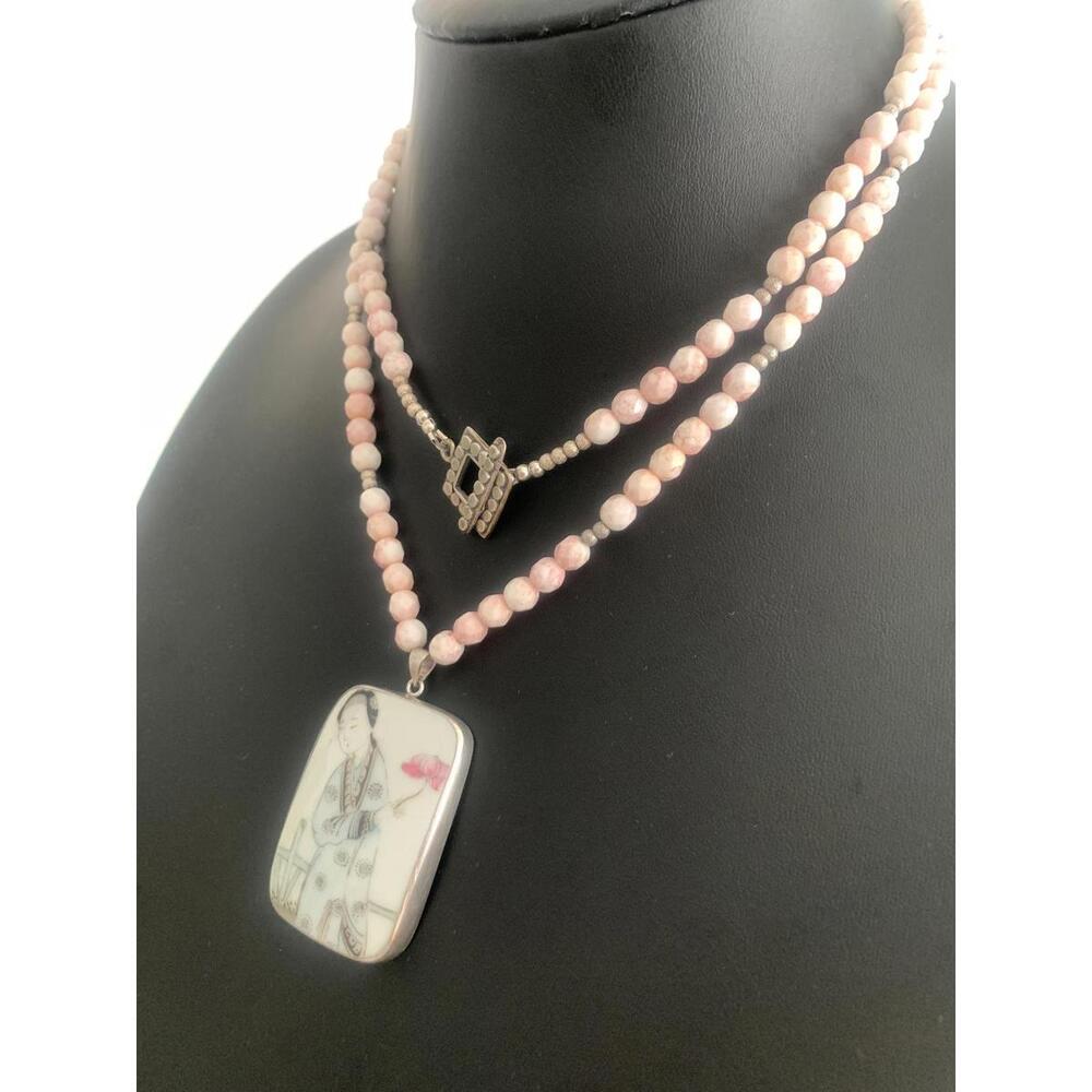 Vintage Chinese Porcelain Shard Necklace, Sterling & Pink Czech Glass - Picture 5 of 9